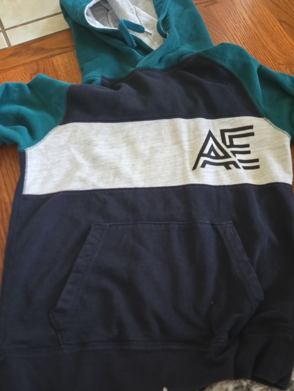 American Eagle Outfitters Teal, Navy & Light Gray Colorblock Crewneck Hoodie